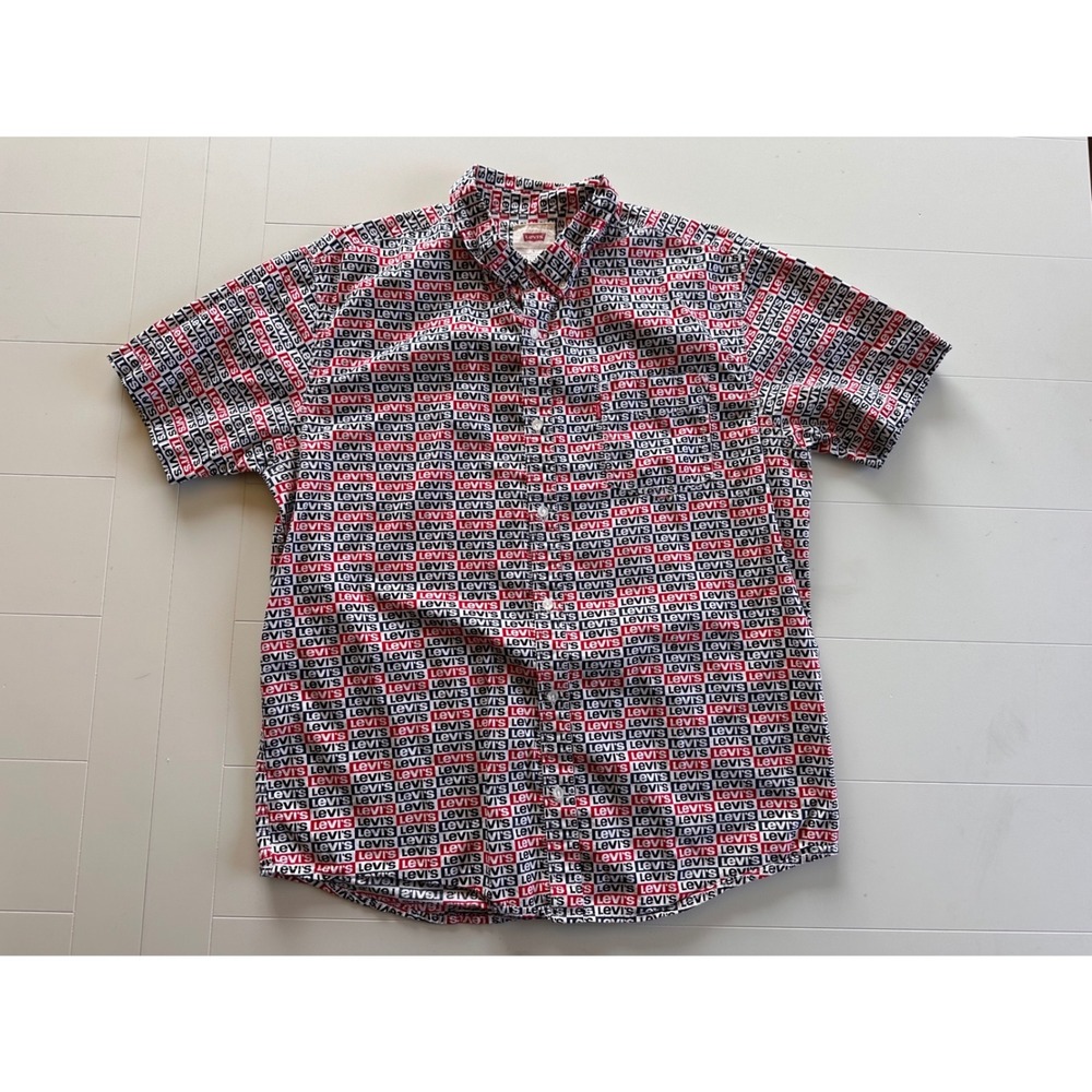 Levis Mens Logo Print Short Sleeve Button Down Shirt Red White Blue Large